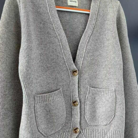 Khaite Beige Wool Cardigan Sweater V-Neck with Patch Pockets - Picture 6 of 9